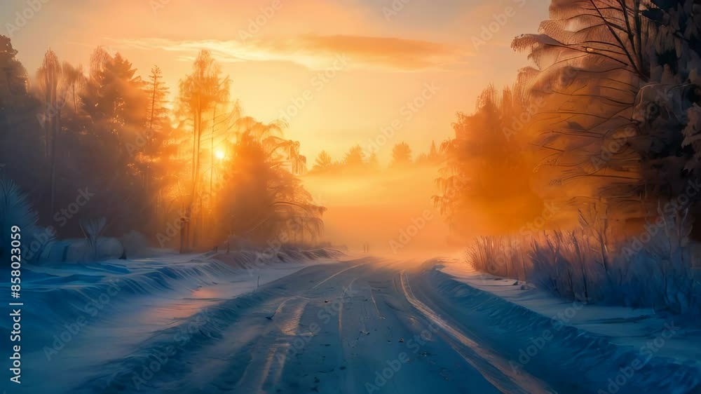 frozen country road leading to a foggy forest in the rays frozen country road leading to a foggy forest in the rays