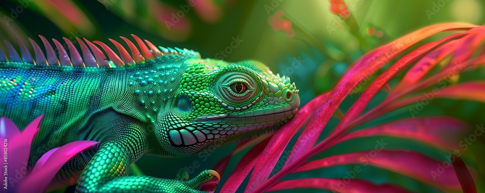 Fototapeta premium Vibrant green iguana resting among colorful tropical foliage under warm sunlight in a lush jungle environment.