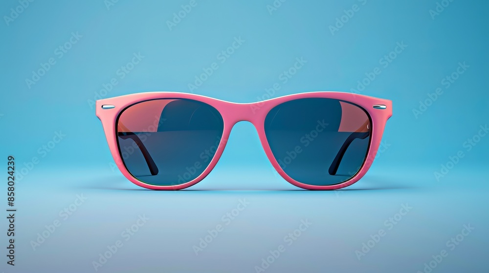 Vibrant pink sunglasses with blue lenses on a blue background. Modern summer accessory for fashion and style. Vibrant pink sunglasses with blue lenses on a blue background. Modern summer accessory for fashion and style.