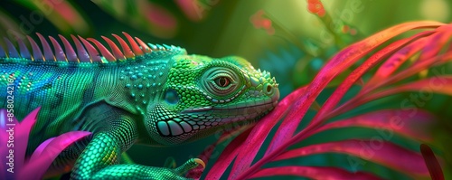 Vibrant green iguana resting among colorful tropical foliage under warm sunlight in a lush jungle environment. © enterdigital