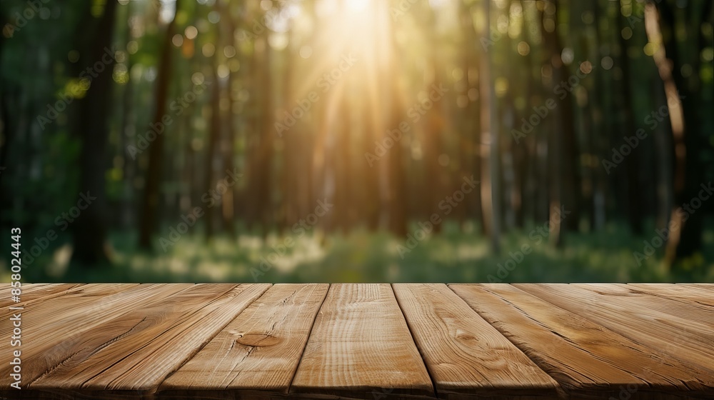 Wooden deck in front of a lush green forest with sunlight filtering through trees, perfect for nature-themed projects or backgrounds. Wooden deck in front of a lush green forest with sunlight filtering through trees, perfect for nature-themed projects or backgrounds.