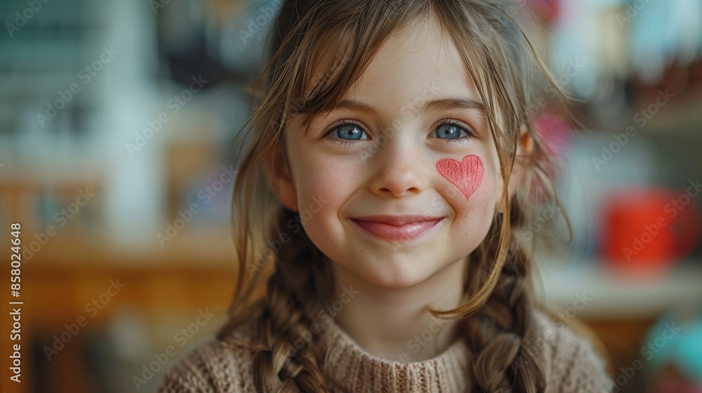custom made wallpaper toronto digitalA young girl with braided hair and blue eyes, brightly smiling and with a red heart drawn on her cheek, capturing a moment of pure joy in a colorful room.