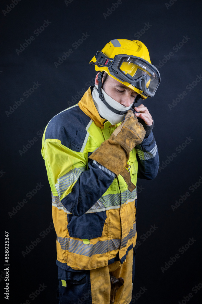Firefighter in uniform fastening his helmet in a photo studio Firefighter in uniform fastening his helmet in a photo studio