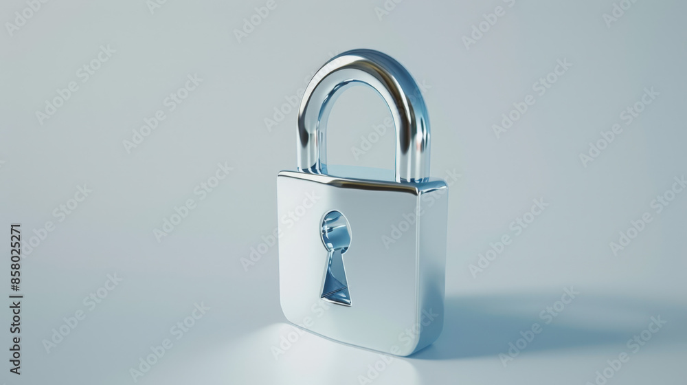 Shiny closed padlock standing on a light blue background representing the concept of security