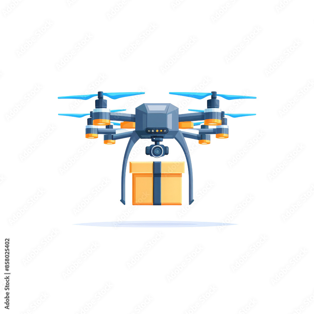 Futuristic drone delivering a package. High-tech quadcopter with cargo box isolated on white background in a modern illustration. Futuristic drone delivering a package. High-tech quadcopter with cargo box isolated on white background in a modern illustration.