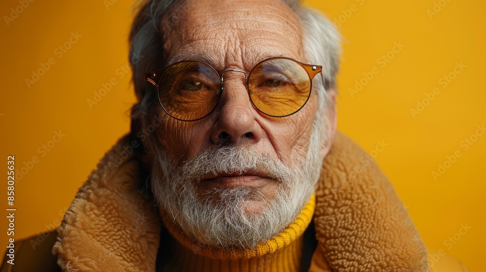Close-up of an elderly man with a beard, in a yellow background setting, wearing yellow-tinted glasses and a warm coat, which highlights his calm and reflective demeanor. Close-up of an elderly man with a beard, in a yellow background setting, wearing yellow-tinted glasses and a warm coat, which highlights his calm and reflective demeanor.