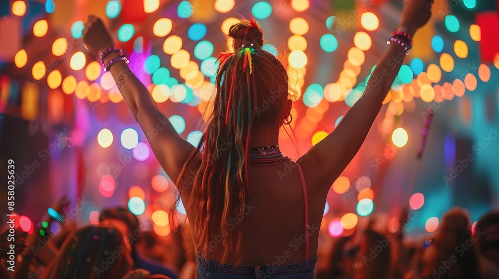 A vibrant, colorful festival scene with a woman celebrating under festive lights, capturing the joy and energy of the moment. A vibrant, colorful festival scene with a woman celebrating under festive lights, capturing the joy and energy of the moment.