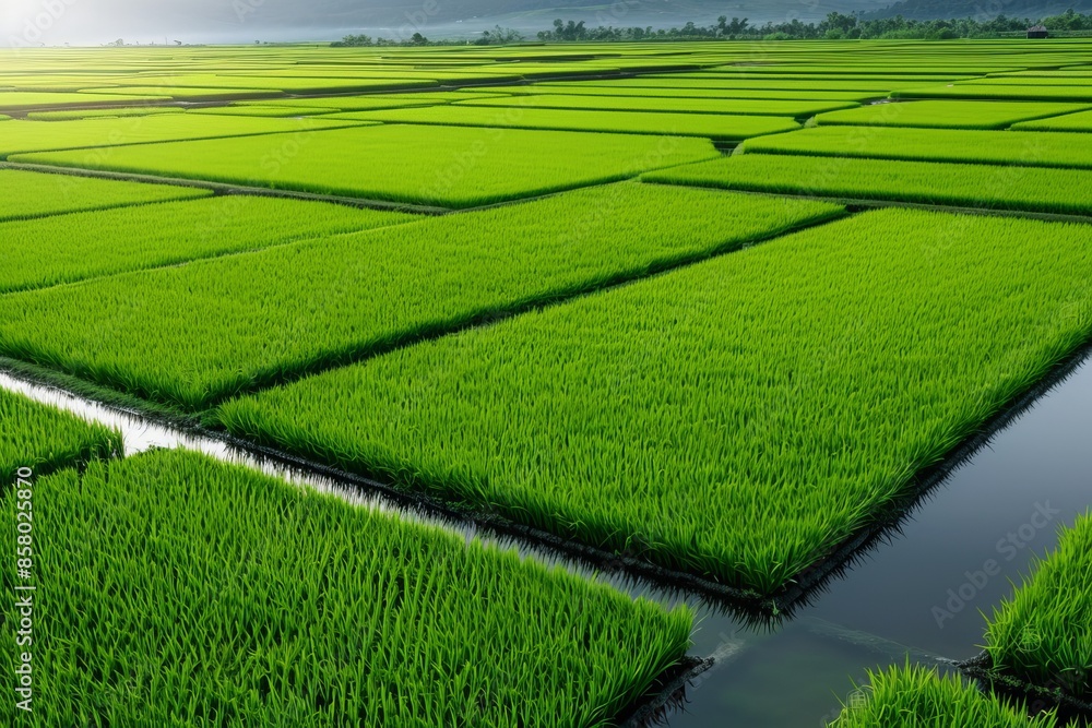 Aerial view of lush green rice paddies creating a beautiful patchwork landscape, highlighting agricultural practices in rural areas. Aerial view of lush green rice paddies creating a beautiful patchwork landscape, highlighting agricultural practices in rural areas.