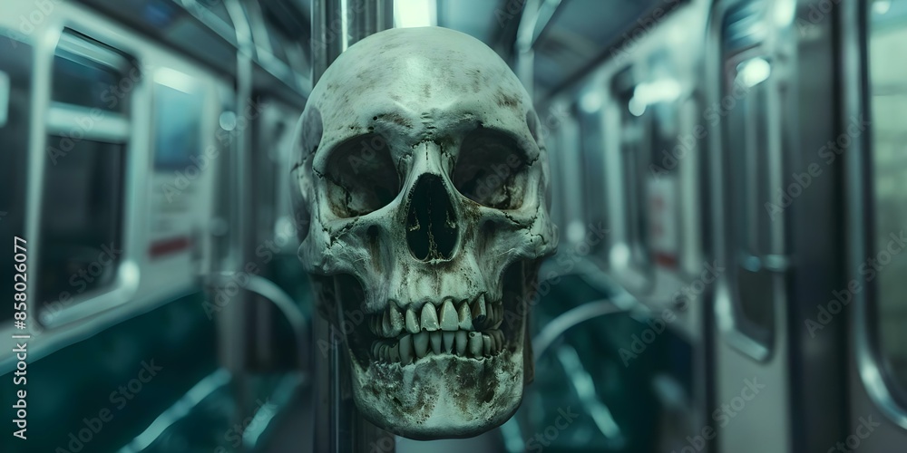 Sinister skull on subway train against dark backdrop. Concept Dark and Eerie, Halloween Photography, Urban Exploration, Skull Art, Cityscape Decor Sinister skull on subway train against dark backdrop. Concept Dark and Eerie, Halloween Photography, Urban Exploration, Skull Art, Cityscape Decor