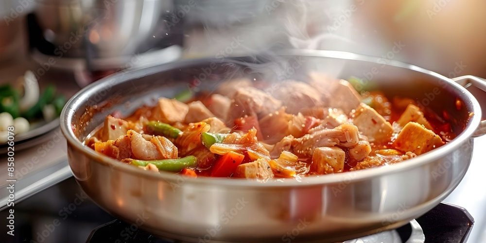 Kimchi stew cooking on portable stove filled with pork tofu and kimchi. Concept Kimchi Stew, Korean Cooking, Portable Stove, Pork Tofu, Flavorful Dish Kimchi stew cooking on portable stove filled with pork tofu and kimchi. Concept Kimchi Stew, Korean Cooking, Portable Stove, Pork Tofu, Flavorful Dish