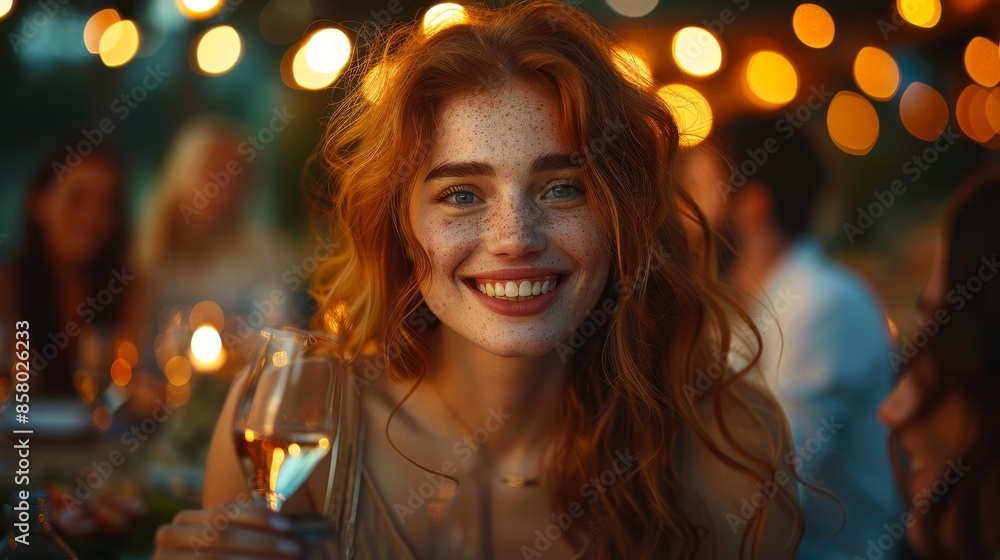 A woman with long red hair and freckles smiles at a night gathering, illuminated by warm lights, capturing the essence of joy, friendship, and social interaction in a vibrant setting. A woman with long red hair and freckles smiles at a night gathering, illuminated by warm lights, capturing the essence of joy, friendship, and social interaction in a vibrant setting.