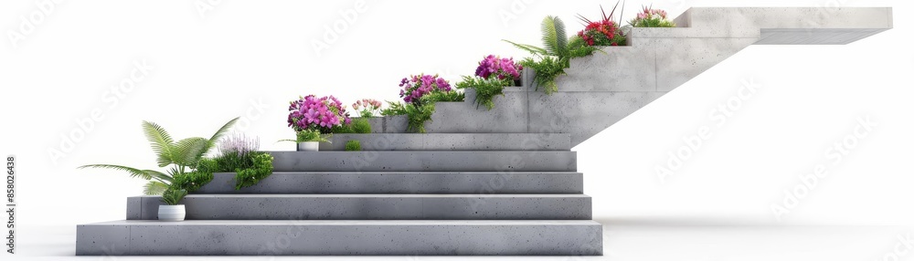 Fototapeta premium A modern concrete staircase with sleek lines and flower arrangements, isolated on white background, emphasizing minimalist garden design, copy space
