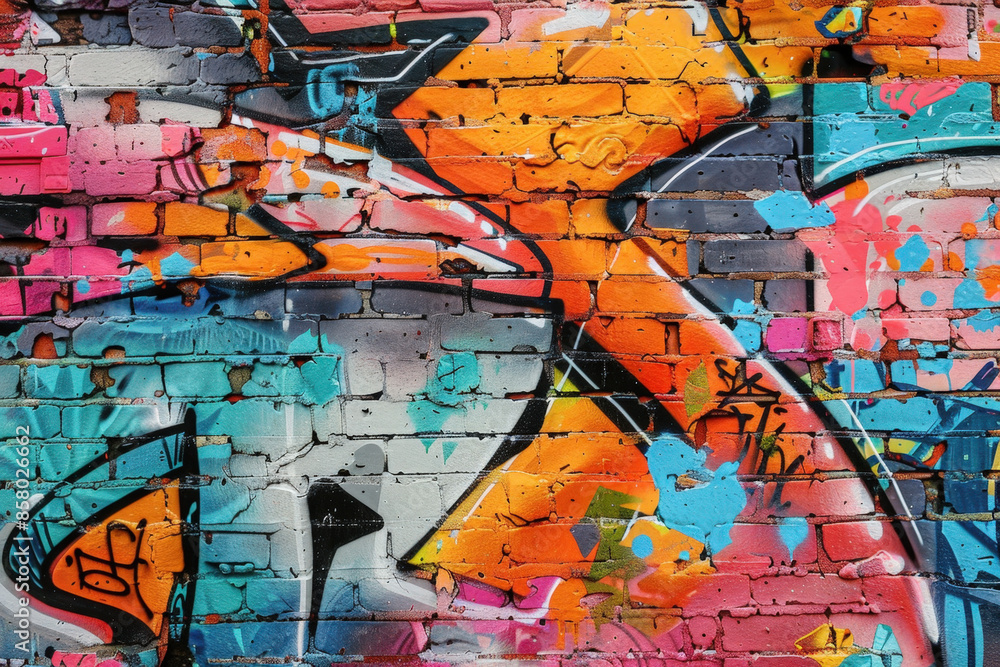 Vibrant graffiti design on a brick wall, adding color to urban streets with abstract patterns and creative spray paint style Vibrant graffiti design on a brick wall, adding color to urban streets with abstract patterns and creative spray paint style