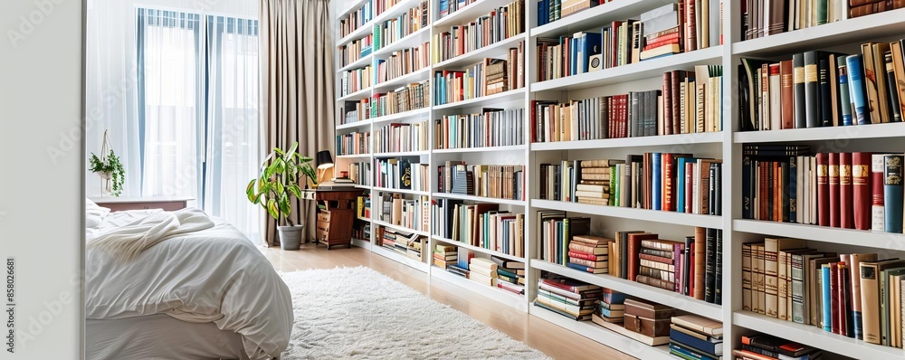 A spacious bedroom with a builtin bookshelf filled with books, isolated on white background, showcasing ample storage and cozy reading space, copy space A spacious bedroom with a builtin bookshelf filled with books, isolated on white background, showcasing ample storage and cozy reading space, copy space