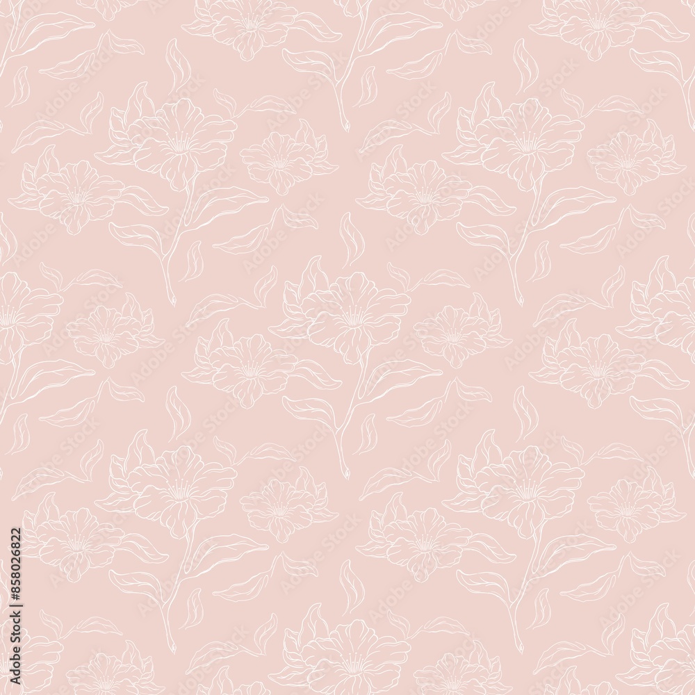 Obraz premium A delicate ornament of white magnolia flowers, on a pink background, meticulously hand-painted in an exquisite line-art style