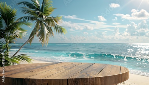 A rustic wooden blank podium with plenty of content space for showcasing commodities in an isolated tropical beach setting, Generative AI. © Imaginex51