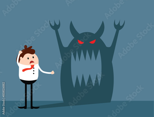 Confused Businessman Looking at Evil Monster Shadow. States of psyche and mind concept. Mental health and psychology issues.