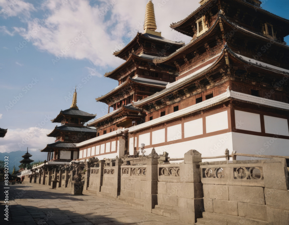Un monastero tibetano con un portale decorato di simboli sacri.
Un monastero tibetano con un portale decorato di simboli sacri.