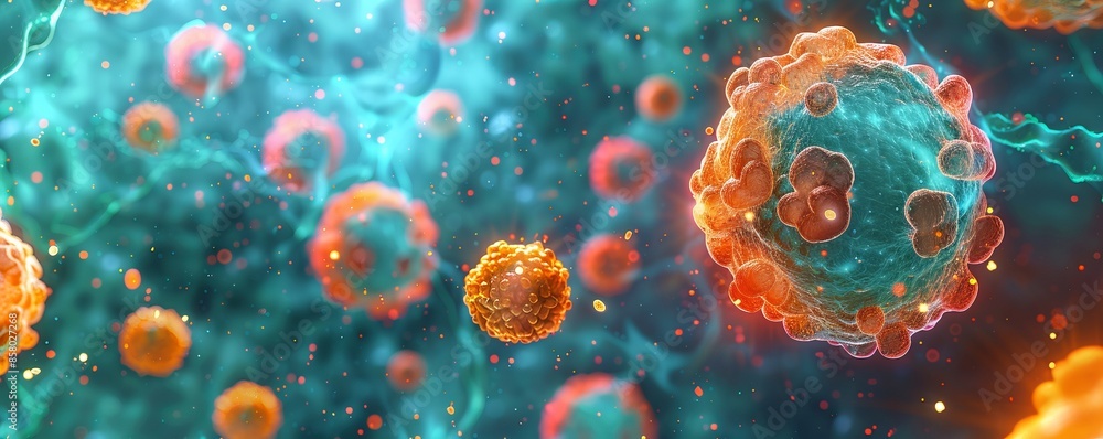Colorful microscopic view of cells in the human body. Scientific medical illustration depicting cellular structures and biological processes. Colorful microscopic view of cells in the human body. Scientific medical illustration depicting cellular structures and biological processes.