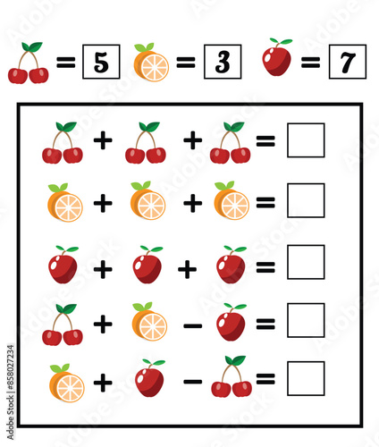 Counting Game for Children Fruits and Berries. Educational materials for a preschool child