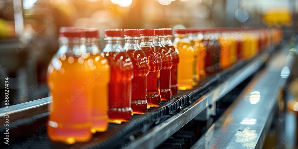 Fruit juice or oil bottles for quality inspection on a beverage industry conveyor belt set against a grainy manufacturing backdrop with lots of text space, Generative AI. Fruit juice or oil bottles for quality inspection on a beverage industry conveyor belt set against a grainy manufacturing backdrop with lots of text space, Generative AI.