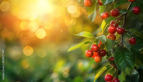 Close-up of verdant lovely cherry tree branches holding delicious ripe cherries in a garden during the harvest period with a blurred vivid backdrop and large copy space, Generative AI.