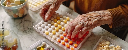 Elderly hands organizing colorful pills into a pill organizer on a marble table, symbolizing medication management and elderly care. photo
