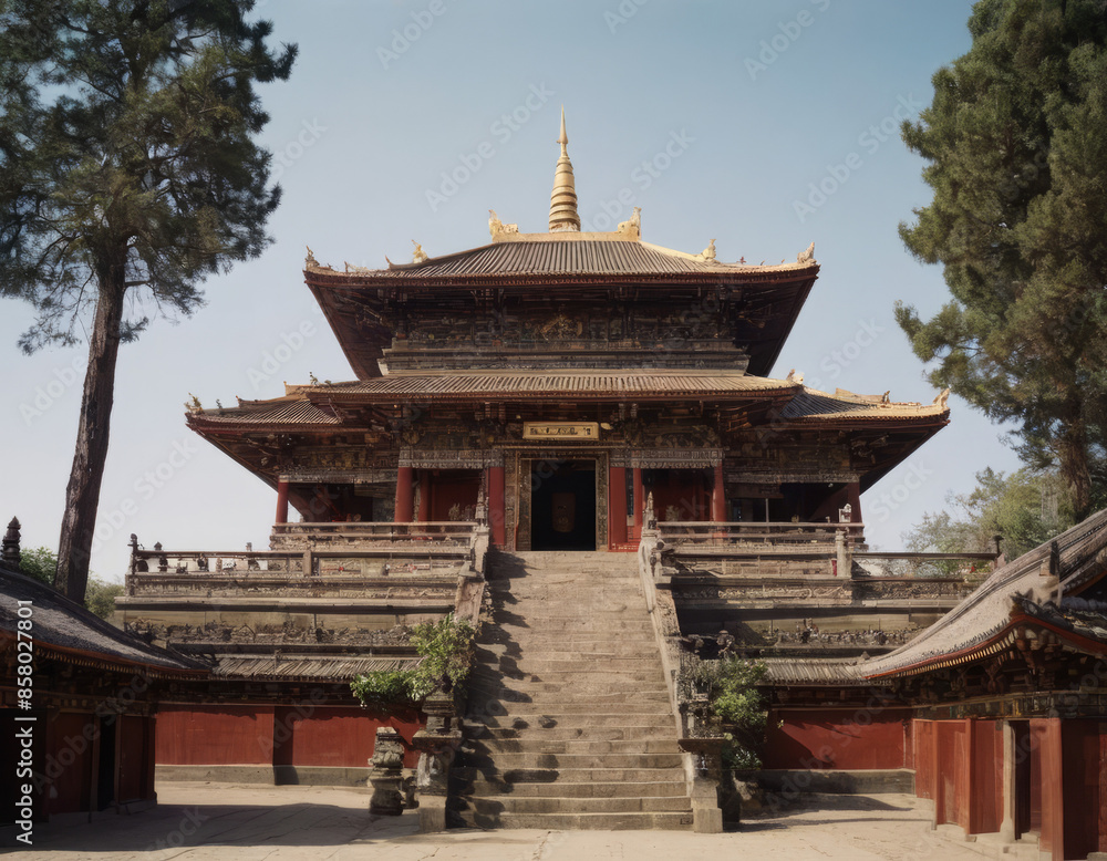 Un monastero tibetano con un grande cancello d'ingresso scolpito.
Un monastero tibetano con un grande cancello d'ingresso scolpito.