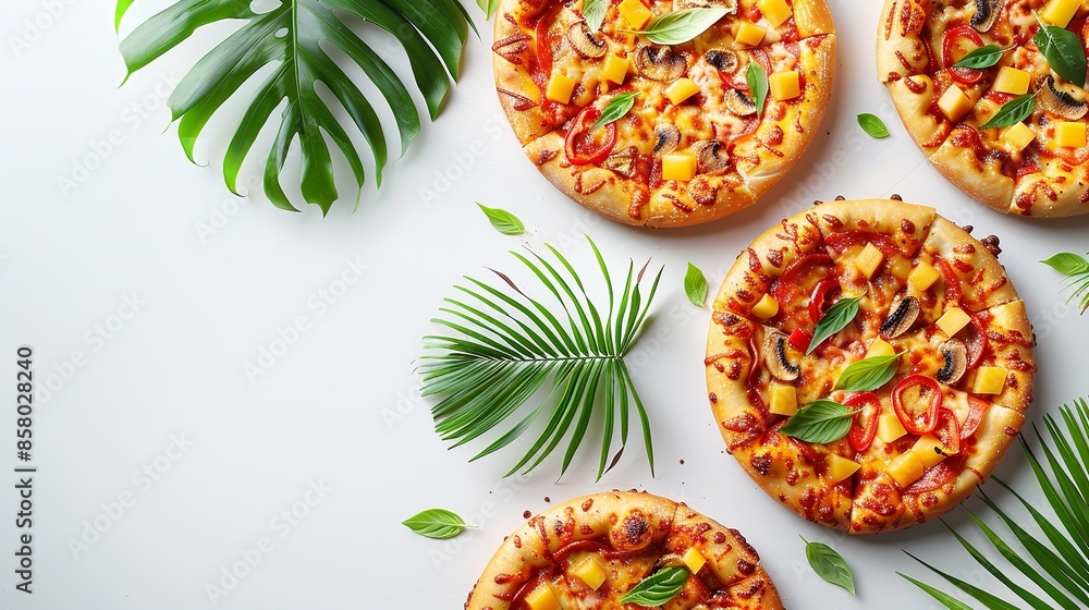 A mock-up of a Hawaiian pizza set with selective focus and macro view isolated on a solid white backdrop with plenty copy space for decor, Generative AI. A mock-up of a Hawaiian pizza set with selective focus and macro view isolated on a solid white backdrop with plenty copy space for decor, Generative AI.