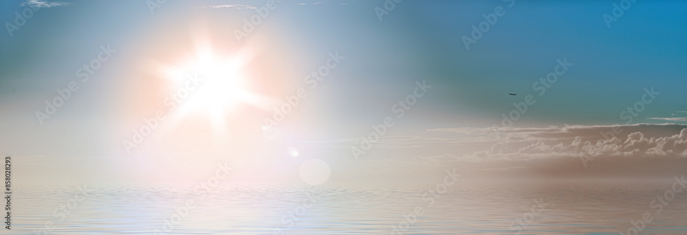 Obraz premium Sun flare, ocean and blue sky with water in nature wallpaper for natural environment of tropical horizon in summer. Beach, sunrise and paradise for peace sea outdoors and view background of adventure