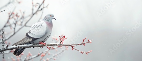 Close-up of a lovely pigeon perched on a tree in an isolated location on a stark white background with plenty of space for writing, Generative AI.