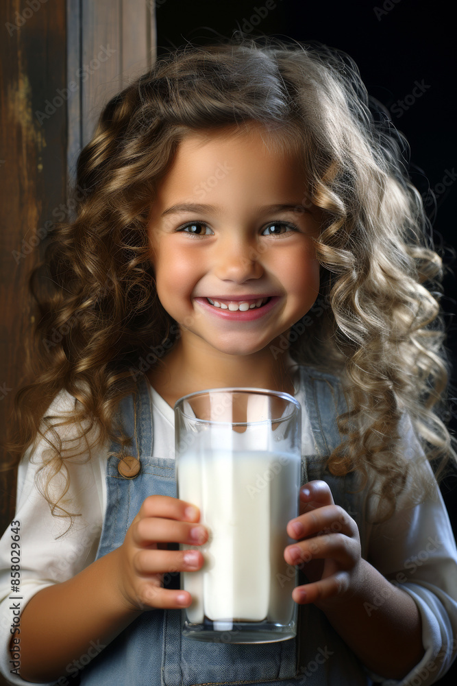 A young girl holding a glass of milk, smiling brightly. A young girl holding a glass of milk, smiling brightly.