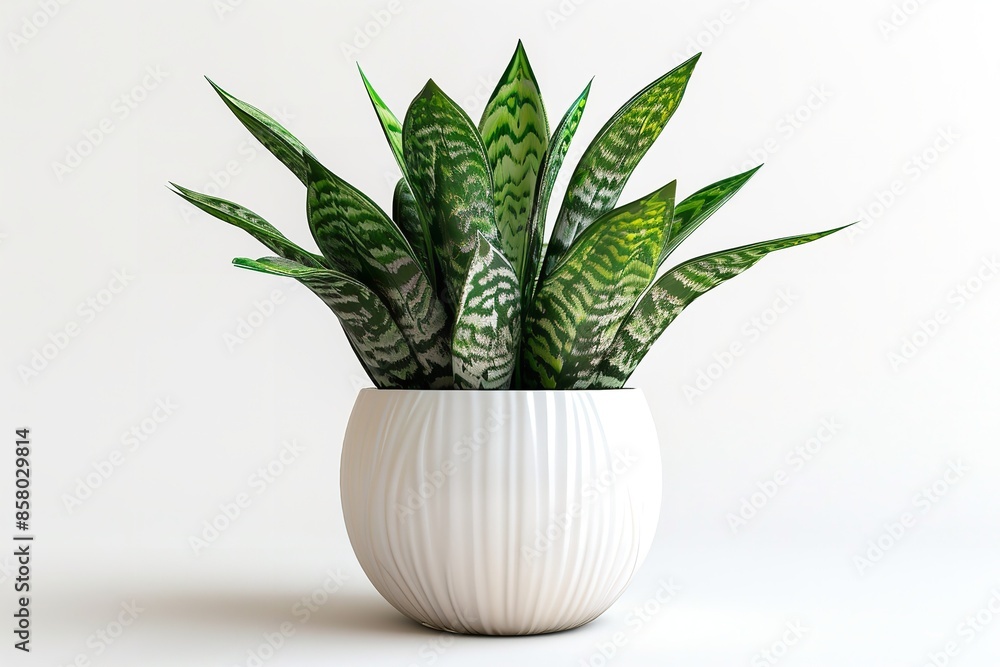 An advertisement with large writing space and a Sansevieria plant in a white ceramic container set against a plain white background, Generative AI. An advertisement with large writing space and a Sansevieria plant in a white ceramic container set against a plain white background, Generative AI.