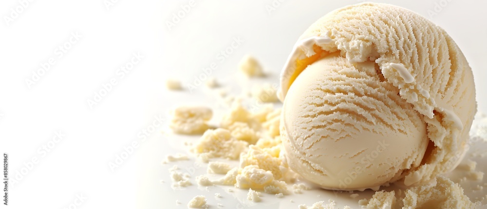 Vessel close-up of vanilla ice cream scoop isolated on white backdrop cutout including blank space to accommodate advertising freely, Generative AI. Vessel close-up of vanilla ice cream scoop isolated on white backdrop cutout including blank space to accommodate advertising freely, Generative AI.