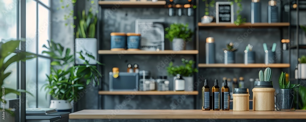 Modern kitchen with well-organized shelves filled with kitchenware, plants, and decor near a large window, creating a cozy atmosphere. Modern kitchen with well-organized shelves filled with kitchenware, plants, and decor near a large window, creating a cozy atmosphere.