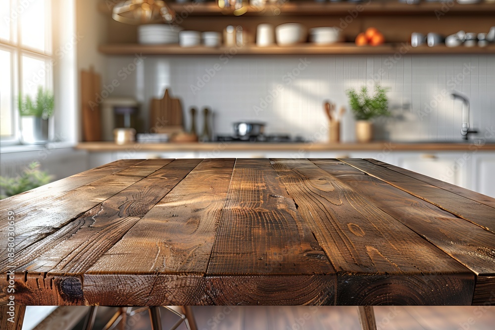 Rustic wooden kitchen table with blurred background of modern kitchen interior, sunlight streaming through the window, homely atmosphere.