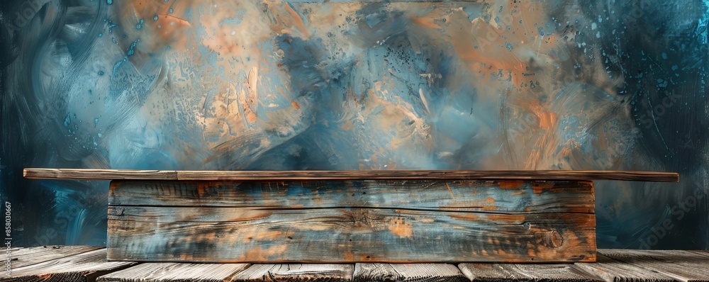 Rustic wooden shelf in front of a textured blue and orange background, perfect for a vintage-themed design or artistic display. Rustic wooden shelf in front of a textured blue and orange background, perfect for a vintage-themed design or artistic display.