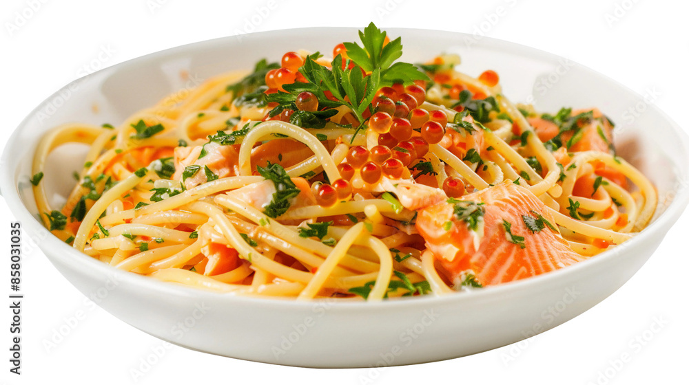 Freshly Prepared Gourmet Pasta with Salmon and Caviar Dish on Transparent Background, Ideal for Italian Cuisine Restaurants and Culinary Blogs Freshly Prepared Gourmet Pasta with Salmon and Caviar Dish on Transparent Background, Ideal for Italian Cuisine Restaurants and Culinary Blogs