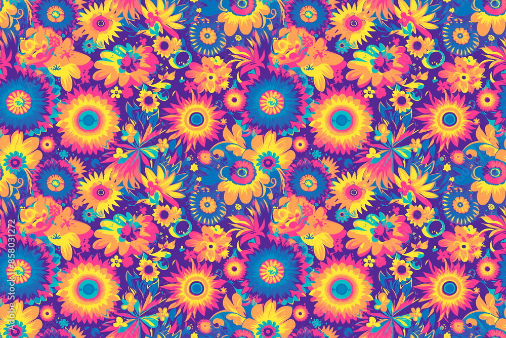 A vibrant seamless pattern with colorful flowers on a dark background, perfect for bold and lively designs and decorations. A vibrant seamless pattern with colorful flowers on a dark background, perfect for bold and lively designs and decorations.