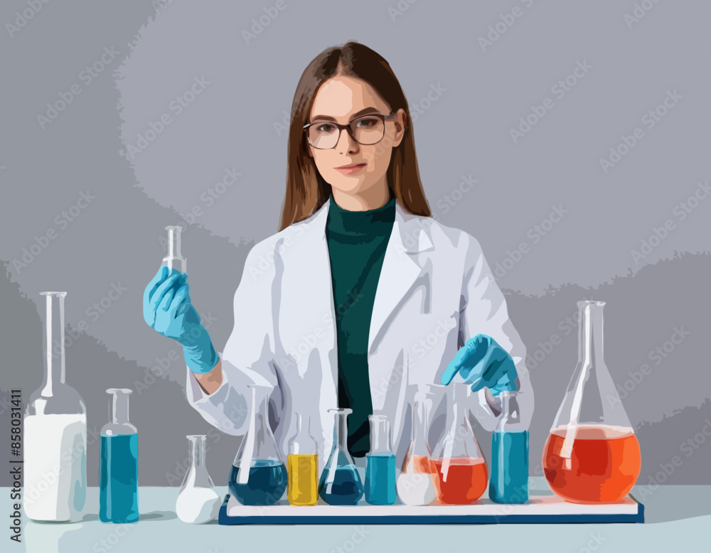 Young beautiful woman chemist with flasks with liquid in hand. Scientist girl is experimenting with equipment for vaccine discovery. Girl working on antiviral treatment development
Young beautiful woman chemist with flasks with liquid in hand. Scientist girl is experimenting with equipment for vaccine discovery. Girl working on antiviral treatment development
