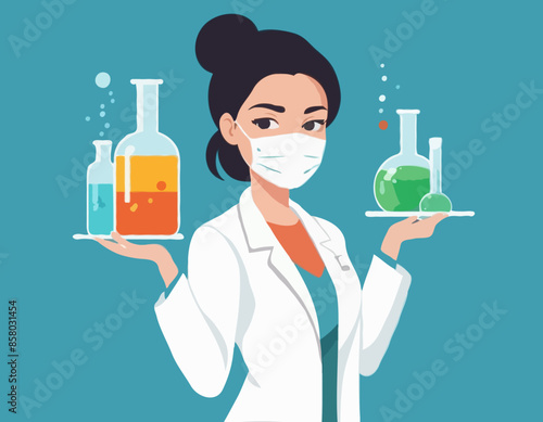 Young beautiful woman chemist with flasks with liquid in hand. Scientist girl is experimenting with equipment for vaccine discovery. Girl working on antiviral treatment development
