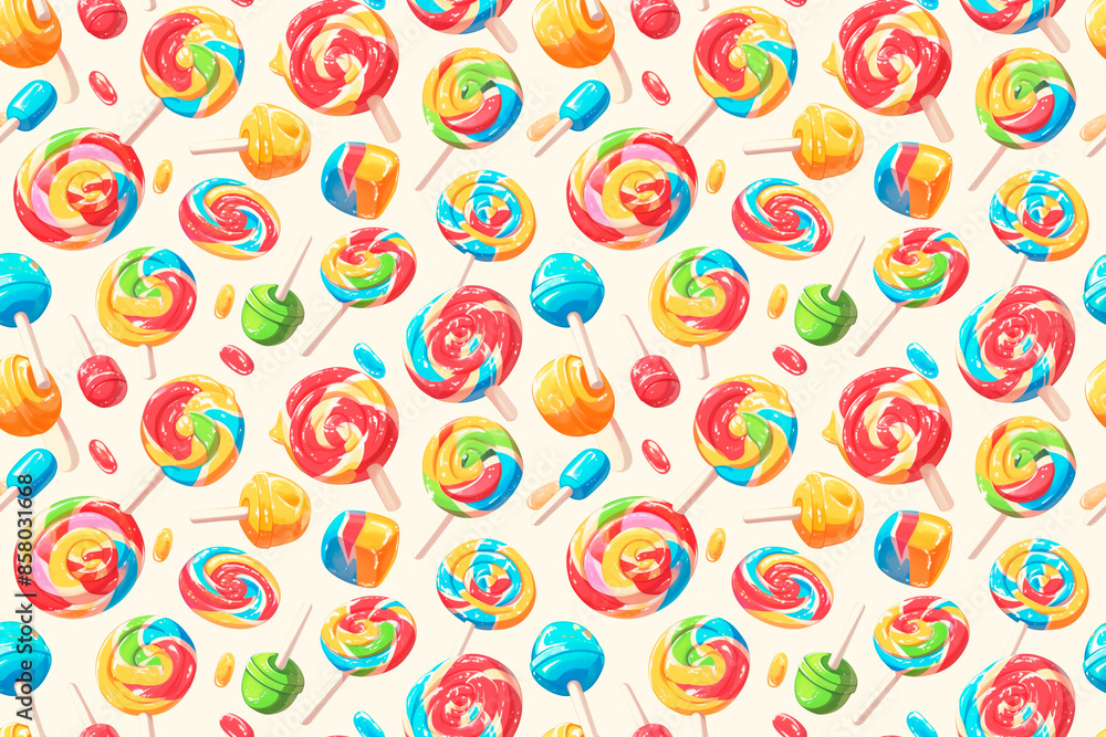 A seamless pattern filled with colorful lollipops and candies, creating a fun and playful tile ornament ideal for sweet and festive design projects. A seamless pattern filled with colorful lollipops and candies, creating a fun and playful tile ornament ideal for sweet and festive design projects.