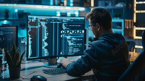 Focused Programmer Working on Code Late at Night