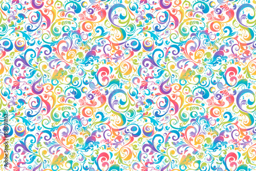 A playful seamless pattern with colorful swirling designs, featuring vivid hues of blue, pink, and green, creating a fun tile ornament perfect for lively and whimsical decor