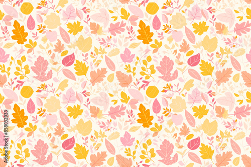 A seamless pattern with pastel autumn leaves in light pinks, yellows, and oranges, creating a soft and gentle seasonal decoration.