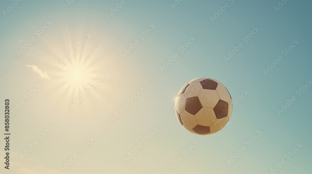 Fototapeta premium Soccer ball in mid air against clear sky with bright sun. Capturing moment of action and freedom in outdoor setting