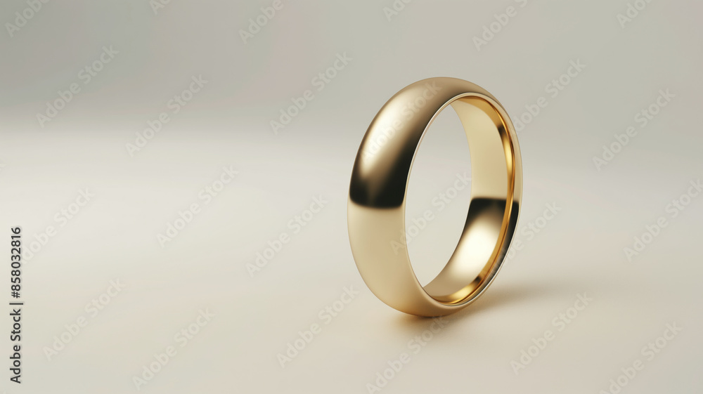 Gold wedding band standing upright on plain light background. Simple and elegant design emphasizing ring smooth and polished surface Gold wedding band standing upright on plain light background. Simple and elegant design emphasizing ring smooth and polished surface