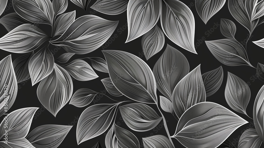Monochrome leaf pattern background, black and white tones, seamless botanical design Monochrome leaf pattern background, black and white tones, seamless botanical design
