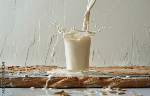 Milk Pouring Into A Glass With Splash on Wooden Cutting Board