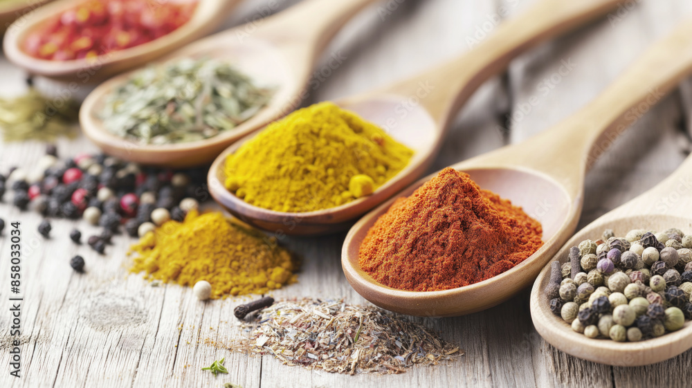 Variety of colorful spices in wooden spoons on rustic wooden table. Includes turmeric, paprika, herbs, and peppercorns, showcasing diverse culinary ingredients Variety of colorful spices in wooden spoons on rustic wooden table. Includes turmeric, paprika, herbs, and peppercorns, showcasing diverse culinary ingredients